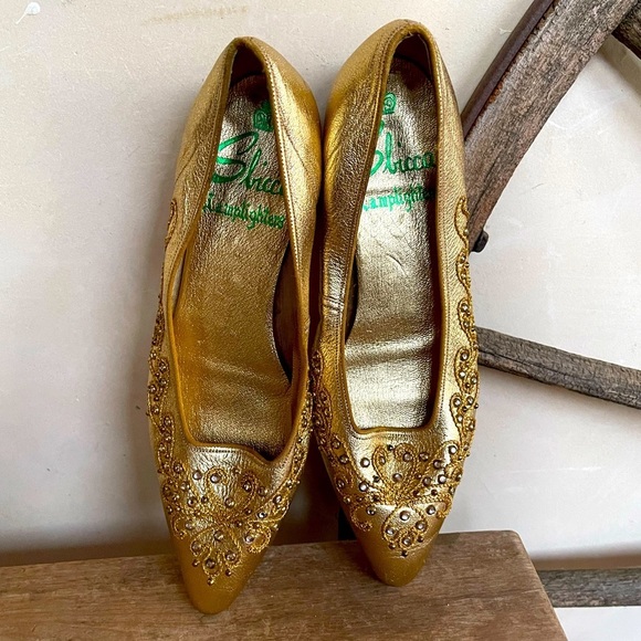 SBICCA LAMPLIGHTERS Vtg 80’s Gold Metallic Leather Embroidered Beaded Flats 5B - Picture 6 of 11